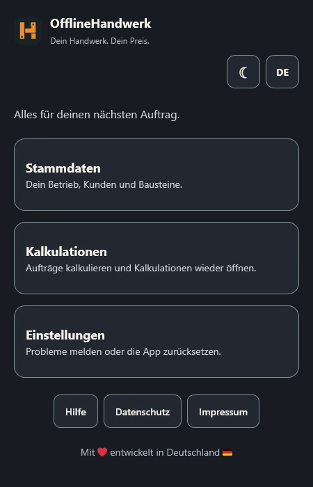 OfflineHandwerk: Startansicht mit Stammdaten, Kalkulationen und Einstellungen in der dunklen Ansicht
